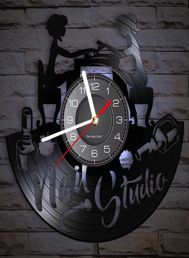 Timethink 12 Inch Nail Salon LED Vinyl Record Wall Clock with 7 Luminous Modes for Nail Studio, Nail Tech Wall Decor Vintage Silent Non Ticking Night Light Wall Clock Nail Room Decor for Home Studio - Image 4