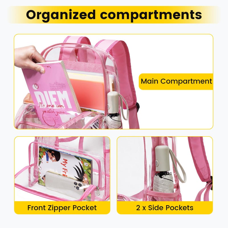Vorspack Clear Backpack Heavy Duty - Large Clear Backpacks for School See Through Bookbag for Girls Boys Transparent Bag for Work, Concert, College - Pink - Image 4