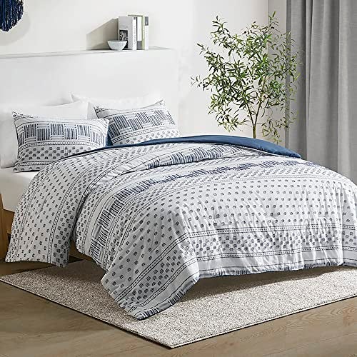 Hyde Lane Hyde Lane Modern Navy Bedding Blue KingCal King Farmhouse Comforter Set Cotton Top with Boho Style Clipped Jacquard Stripes 3PiecesW Matching Pillow Shams 104x90 inches Navy 