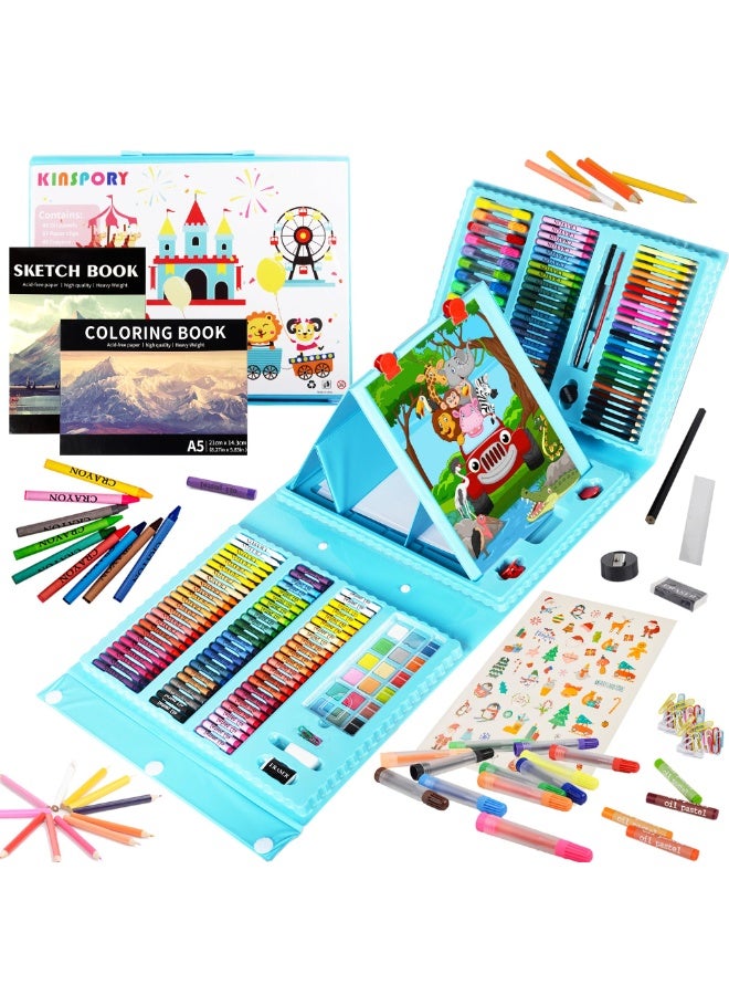 208 قطعة من مستلزمات الفن، مجموعة فنون الرسم للفتيات والفتيان والأطفال والمراهقين والفنانين، مجموعة فنية مع حامل ثلاثي الطيات، أقلام شمع، باستيل زيتي، كتاب تلوين، أقلام ملونة، مقص، ورق أوريغامي 40 ورقة - Image 1