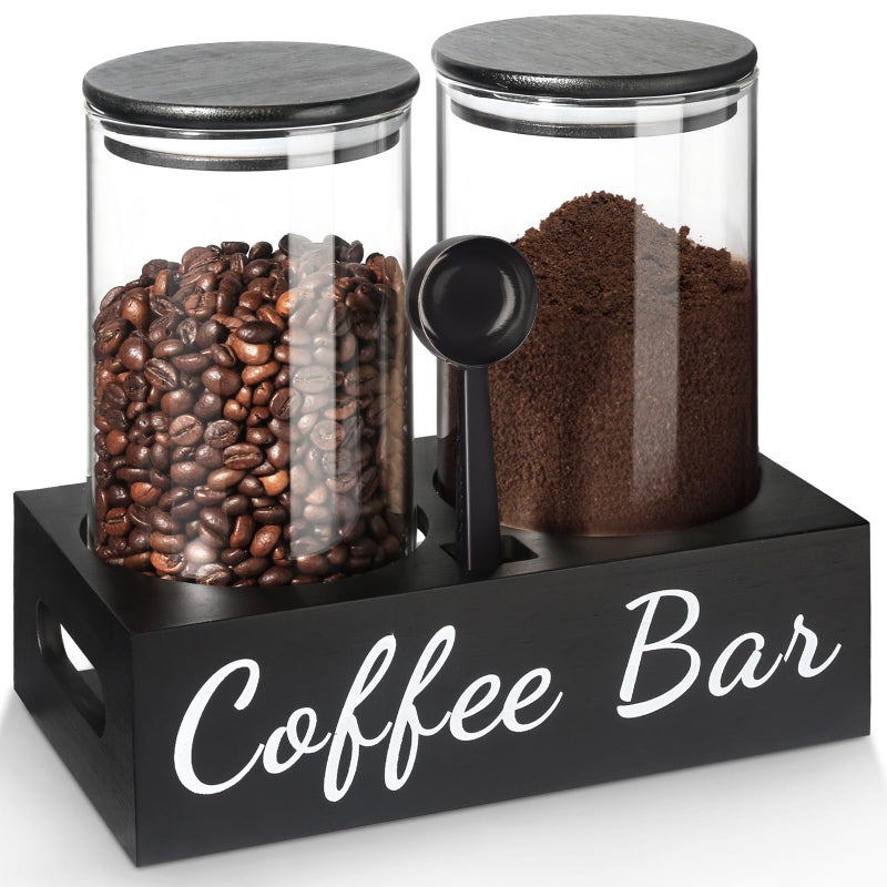 GMISUN Coffee Container, 2 Pcs 50 Fl oz Airtight Bean Storage Canister, Black Glass Ground Coffee and Sugar Jar Set with Scoop/Shelf/Labels, Sugar/Tea Holder Containers for Cafe Bar Countertop - Image 1