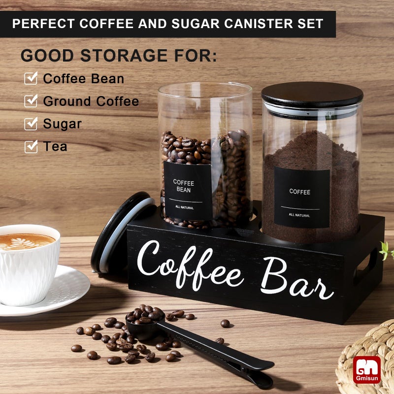 GMISUN Coffee Container, 2 Pcs 50 Fl oz Airtight Bean Storage Canister, Black Glass Ground Coffee and Sugar Jar Set with Scoop/Shelf/Labels, Sugar/Tea Holder Containers for Cafe Bar Countertop - Image 3
