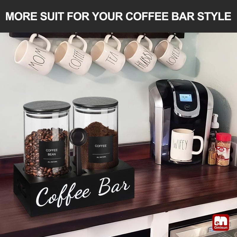 GMISUN Coffee Container, 2 Pcs 50 Fl oz Airtight Bean Storage Canister, Black Glass Ground Coffee and Sugar Jar Set with Scoop/Shelf/Labels, Sugar/Tea Holder Containers for Cafe Bar Countertop - Image 4