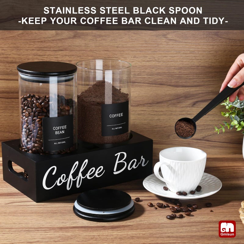 GMISUN Coffee Container, 2 Pcs 50 Fl oz Airtight Bean Storage Canister, Black Glass Ground Coffee and Sugar Jar Set with Scoop/Shelf/Labels, Sugar/Tea Holder Containers for Cafe Bar Countertop - Image 5