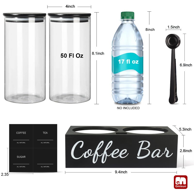 GMISUN Coffee Container, 2 Pcs 50 Fl oz Airtight Bean Storage Canister, Black Glass Ground Coffee and Sugar Jar Set with Scoop/Shelf/Labels, Sugar/Tea Holder Containers for Cafe Bar Countertop - Image 2