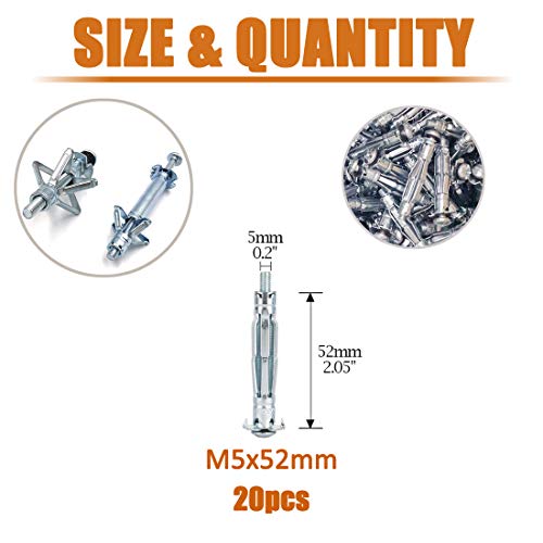 ISPINNER 20 قطعة مسامير موللي من الصلب المجلفن M5x52mm لتثبيت الجدران الجافة، الجص والبلاط - Image 2