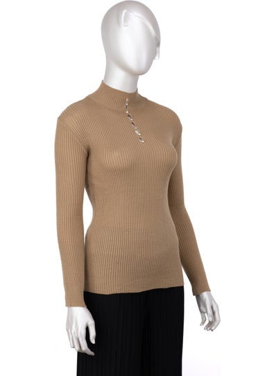 Oppland Women's Winter Stylish Stoned Half Collar Long Sleeve Fitted Lycra Knitted Knitwear Badi Sweater on the Chest  - Image 2