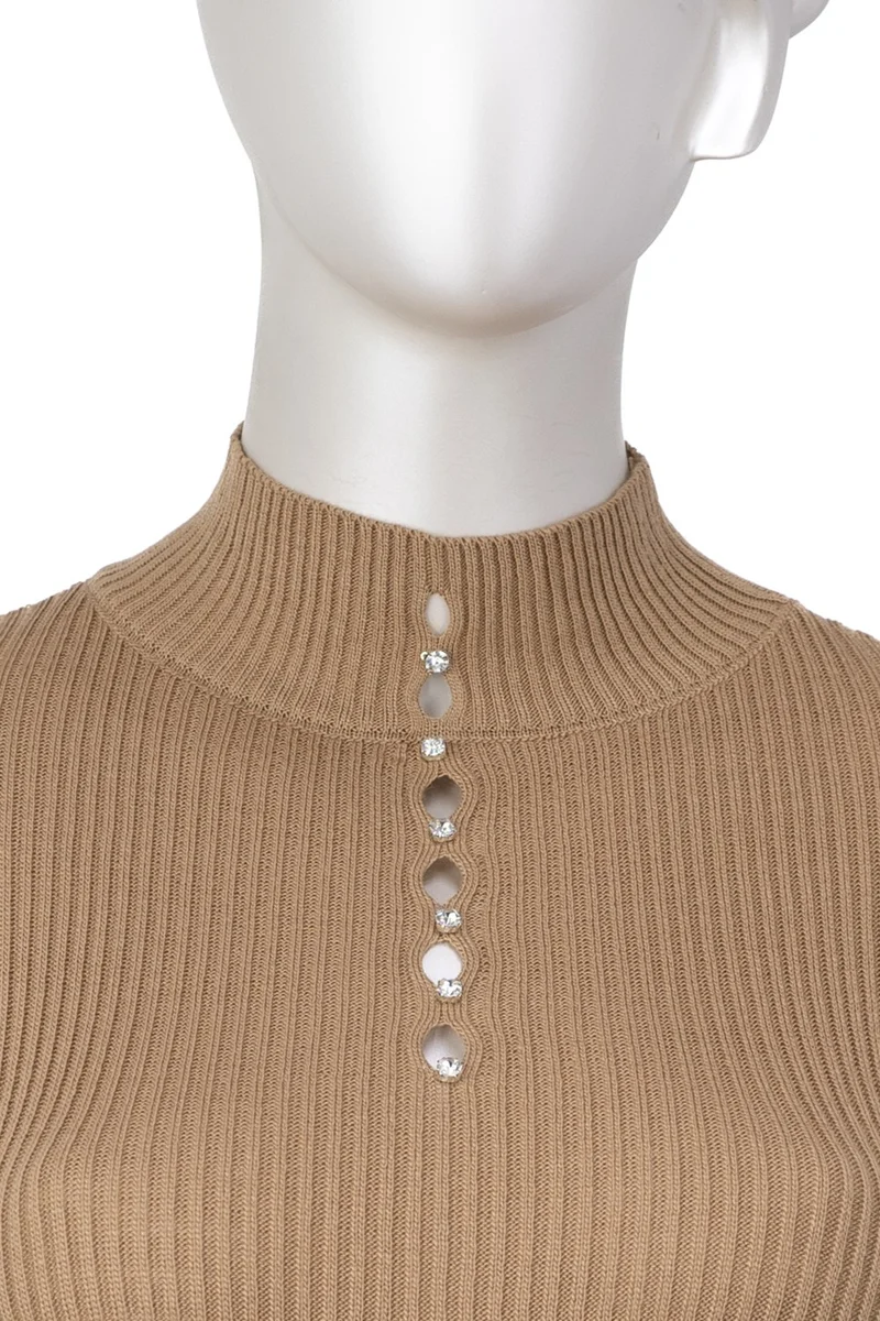 اوبلاند Women's Winter Stylish Stoned Half Collar Long Sleeve Fitted Lycra Knitted Knitwear Badi Sweater on the Chest