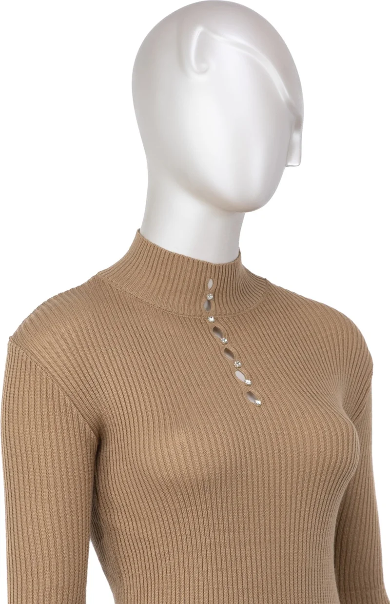 اوبلاند Women's Winter Stylish Stoned Half Collar Long Sleeve Fitted Lycra Knitted Knitwear Badi Sweater on the Chest