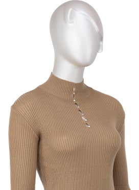 Oppland Women's Winter Stylish Stoned Half Collar Long Sleeve Fitted Lycra Knitted Knitwear Badi Sweater on the Chest  - Image 3