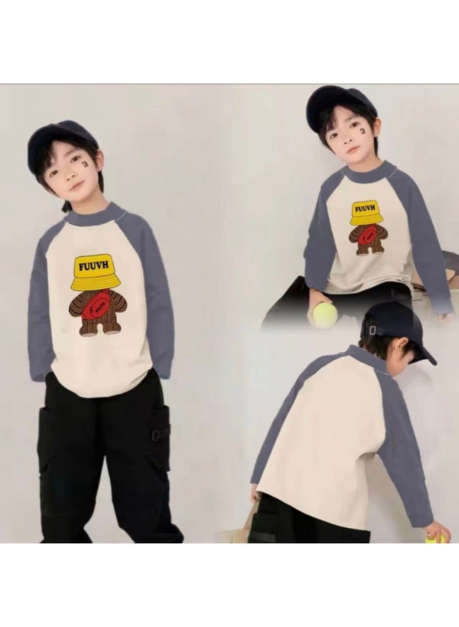 Boys' Autumn And Winter New Thermal Base Shirt, New Color-blocking Versatile Trendy Long-sleeve T-shirt For Older Children - Image 1