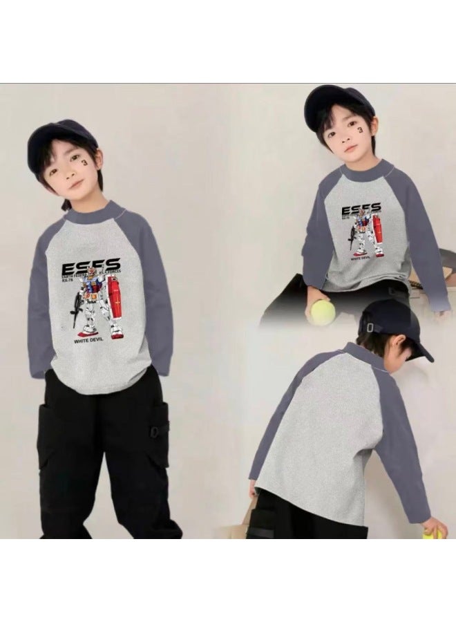 Boys' Autumn And Winter New Thermal Base Shirt, New Color-blocking Versatile Trendy Long-sleeve T-shirt For Older Children - Image 3