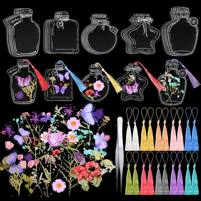 TaoBary 91 Pcs DIY Handmade Transparent Dried Flower Bookmark Set Include Butterflies Clear Bookmarks Dried Flowers Colorful Tassels and Tweezer for Book Bottle Supplies(Vintage Color) - Image 1