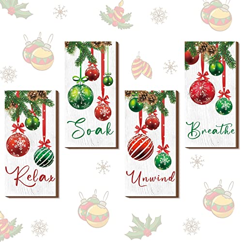 Jetec 4 Pcs Christmas Bathroom Wall Decor Xmas Wall Art Christmas Ball Decor Soak Relax Unwind Breathe Farmhouse Wooden Signs Xmas Hanging Rustic Wood Plaque for Home Room Decoration 10 x 5 Inch - Image 1