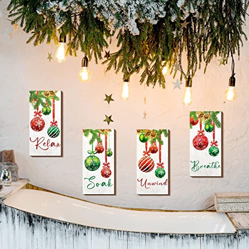 Jetec 4 Pcs Christmas Bathroom Wall Decor Xmas Wall Art Christmas Ball Decor Soak Relax Unwind Breathe Farmhouse Wooden Signs Xmas Hanging Rustic Wood Plaque for Home Room Decoration 10 x 5 Inch - Image 3