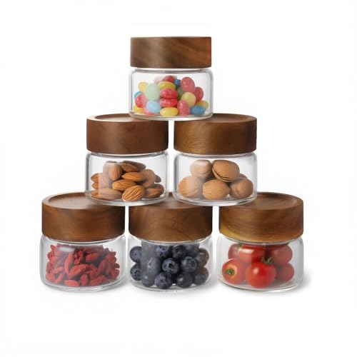 Zoaiirte 6-Pack 4 fl oz Stackable Airtight Glass Jars (with Acacia Wood Lids + Sticker Labels) – Small Mason Jars designed for overnight oats, spices, dry goods, and kitchen organization. - Image 1