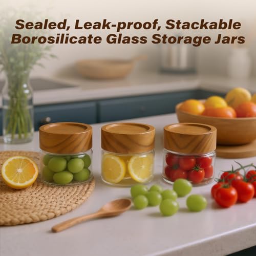 Zoaiirte 6-Pack 4 fl oz Stackable Airtight Glass Jars (with Acacia Wood Lids + Sticker Labels) – Small Mason Jars designed for overnight oats, spices, dry goods, and kitchen organization. - Image 3