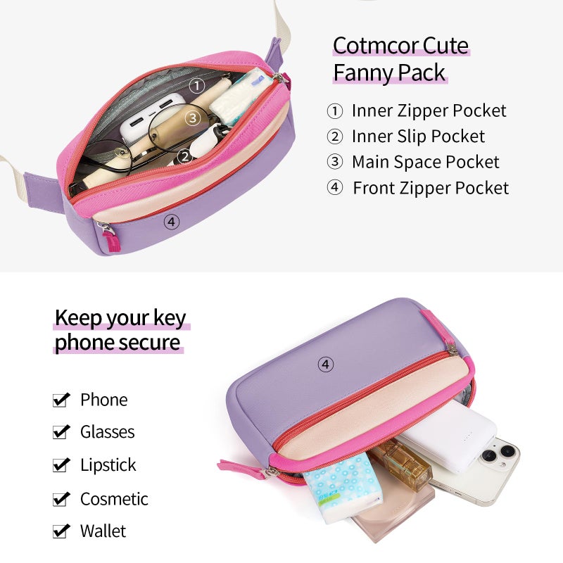 cotmcor Kids Fanny Pack for Girls Teens, Belt Bag Cute Crossbody Waist Bag for Girls Ages 6-8 8-10 8-12 Gift Beige & Orchid Purple & Cerise - Image 5