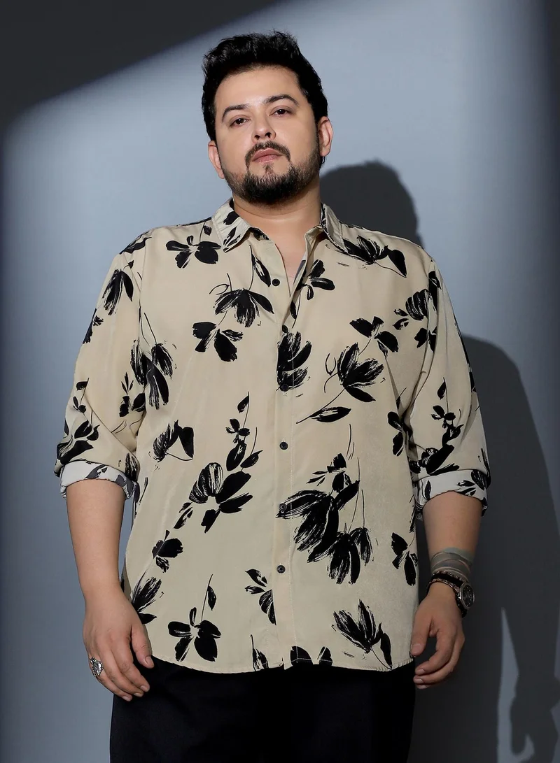 Instafab Plus Instafab Plus Men Flora-Stroke Imprint Shirt | Spread Collar , Long Cuffed Sleeves | Button Closure , Curved Hem | Floral Print Woven Fabric For Casual & Daily Wear | Ecru Beige & Midnight Black