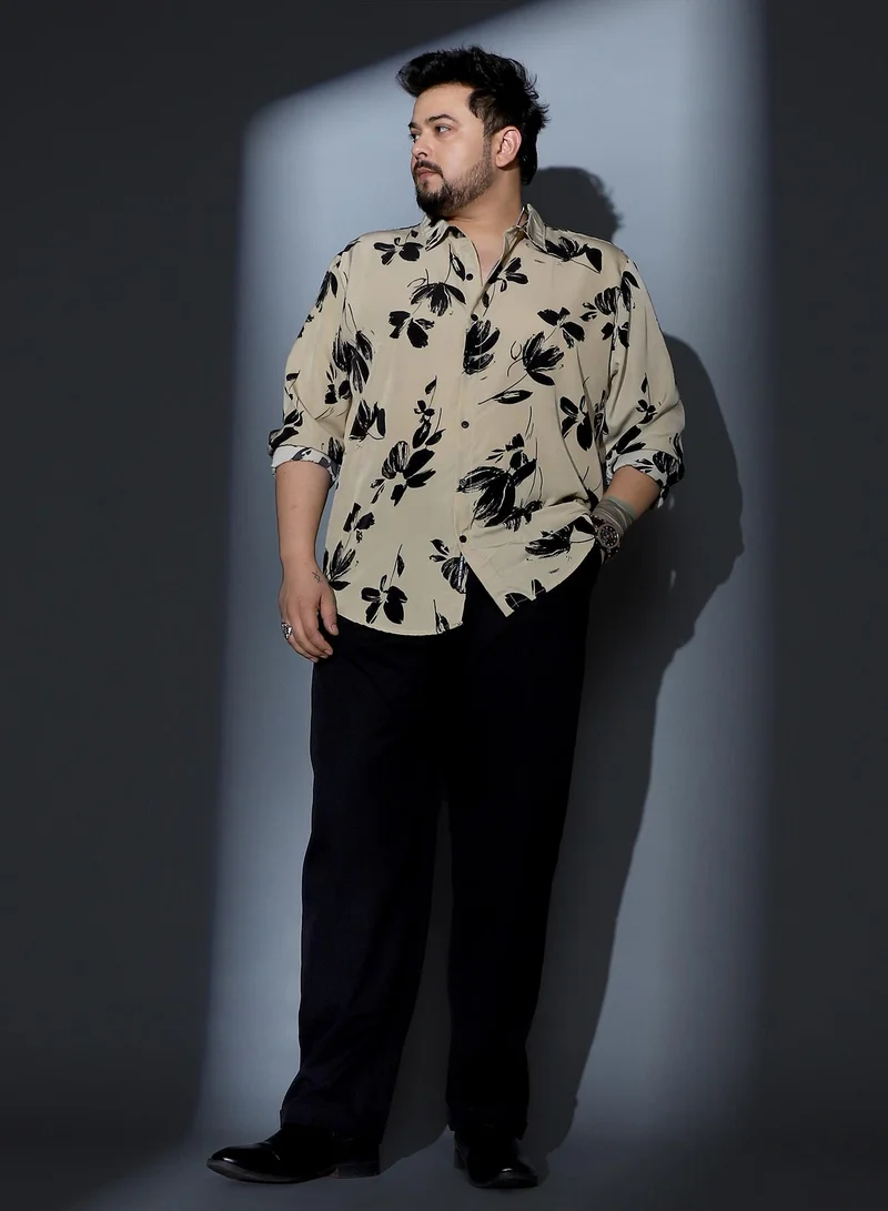 Instafab Plus Instafab Plus Men Flora-Stroke Imprint Shirt | Spread Collar , Long Cuffed Sleeves | Button Closure , Curved Hem | Floral Print Woven Fabric For Casual & Daily Wear | Ecru Beige & Midnight Black