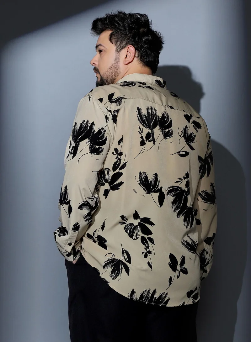 Instafab Plus Instafab Plus Men Flora-Stroke Imprint Shirt | Spread Collar , Long Cuffed Sleeves | Button Closure , Curved Hem | Floral Print Woven Fabric For Casual & Daily Wear | Ecru Beige & Midnight Black