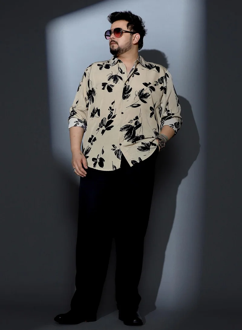 Instafab Plus Instafab Plus Men Flora-Stroke Imprint Shirt | Spread Collar , Long Cuffed Sleeves | Button Closure , Curved Hem | Floral Print Woven Fabric For Casual & Daily Wear | Ecru Beige & Midnight Black
