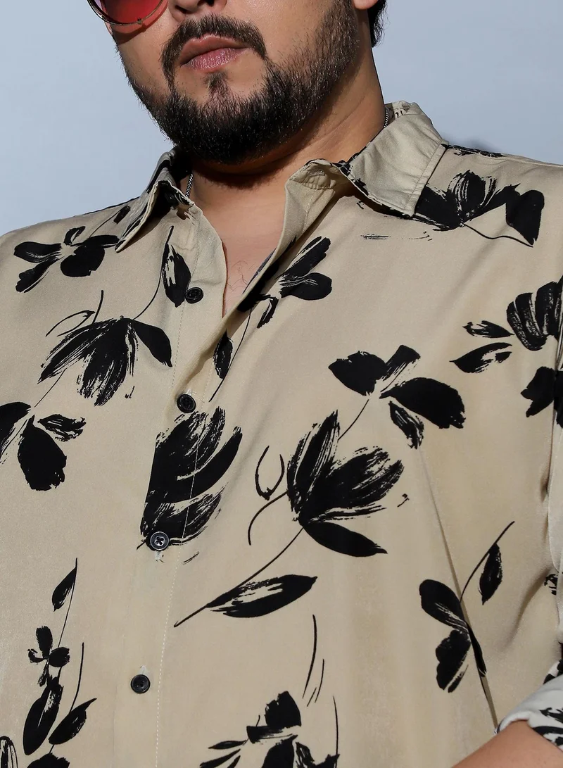 Instafab Plus Instafab Plus Men Flora-Stroke Imprint Shirt | Spread Collar , Long Cuffed Sleeves | Button Closure , Curved Hem | Floral Print Woven Fabric For Casual & Daily Wear | Ecru Beige & Midnight Black