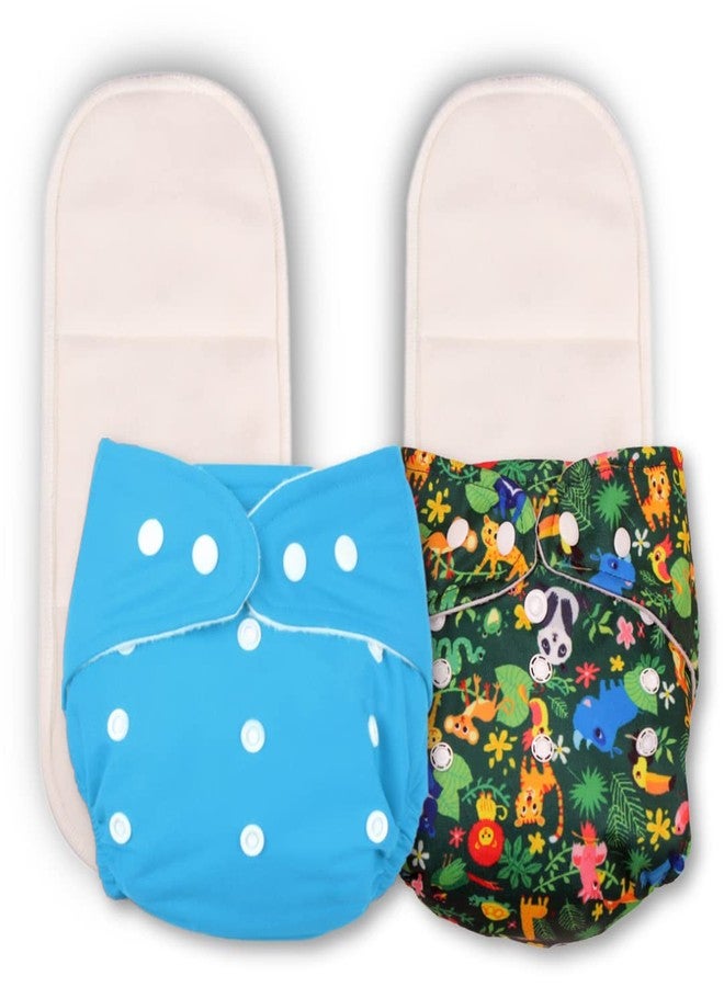 Deedry Baby Cloth Diapers Washable & Reusable Diapers with Adjustable Snap Buttons 3 Months- 3 Years 1 Blue Solid & 1 Print Diaper + 2 Inserts/Pads - Image 1