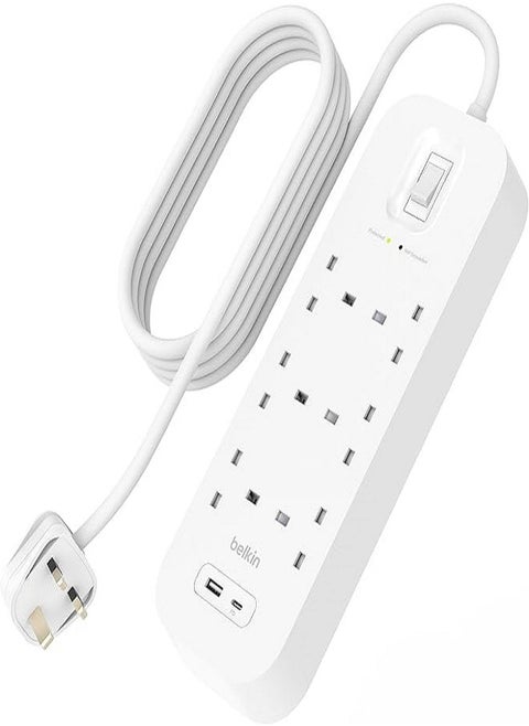 Belkin 6-Outlet Surge Protector Power Strip, Wall-Mountable with 6 AC Outlets, 2M Power Cord, & Green Indicator Light - USB-C Port & USB-A Port w/USB-C PD Fast Charging - 650 Joules of Protection