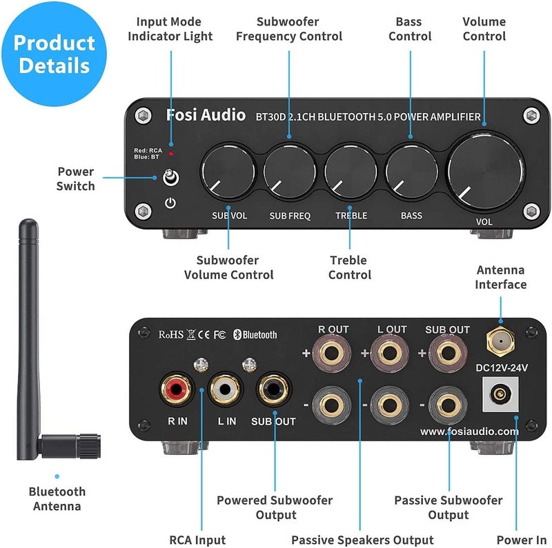 Fosi Audio مضخم الصوت Fosi Audio BT30D بلوتوث 5.0 ستيريو مستقبل مضخم 2.1 قناة ميني هاي فاي فئة D مضخم مدمج 50 واط ×2 + 100 واط لمكبرات الصوت الخارجية السلبية / مضخم الصوت المدعوم - Image 2