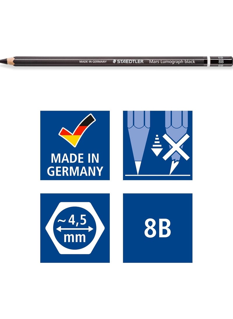 ستدلر أقلام رصاص فنية سوداء من Staedtler Mars Lumograph، أقلام رصاص فنية مشحونة مسبقًا #8B، صندوق مكون من 12 قطعة، 100B-8B  - Image 5