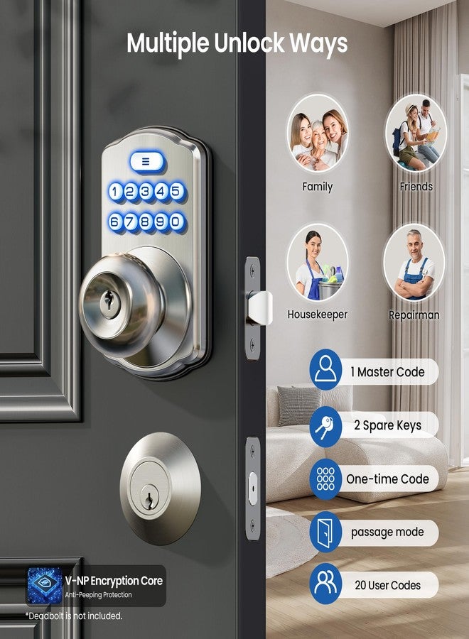 Veise Keypad Door Knob Lock, Keyless Entry Digital Lock with Handle, Electronic Knob for Front Door & Bedroom, Easy Installation, Auto-Locking, Passage Mode, Satin Nickel - Image 2