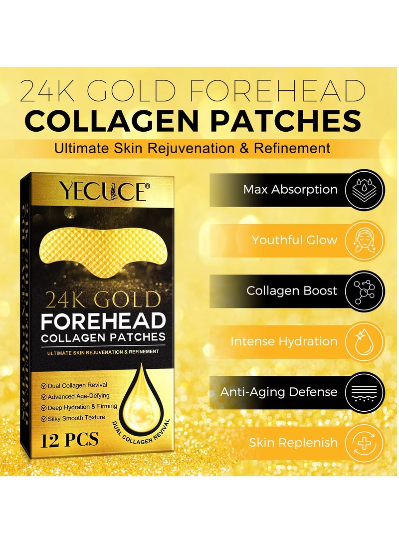 Yecuce 12Pcs 24K Gold Forehead Collagen Patches Forehead Wrinkle Patches with Aloe Vera Collagen Shea Butter and Vitamin E Smooth Fine Line and Wrinkles Anti Wrinkle Forehead Wrinkle Treatment Patch  - Image 2
