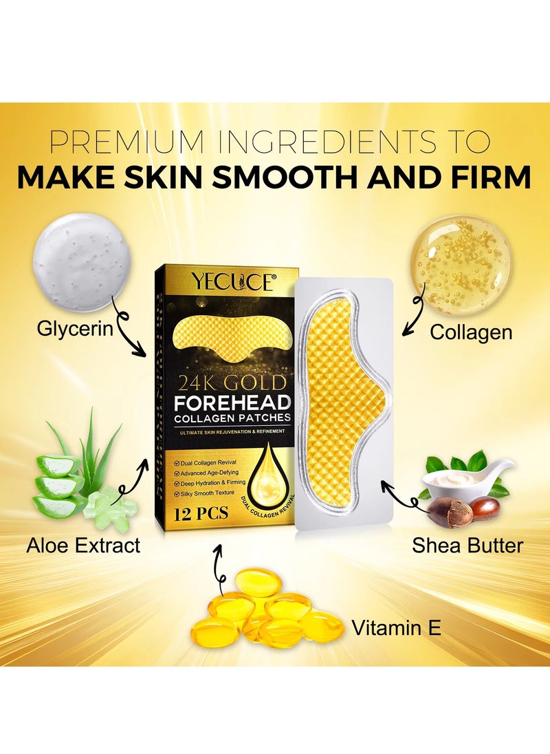 Yecuce 12Pcs 24K Gold Forehead Collagen Patches Forehead Wrinkle Patches with Aloe Vera Collagen Shea Butter and Vitamin E Smooth Fine Line and Wrinkles Anti Wrinkle Forehead Wrinkle Treatment Patch  - Image 3