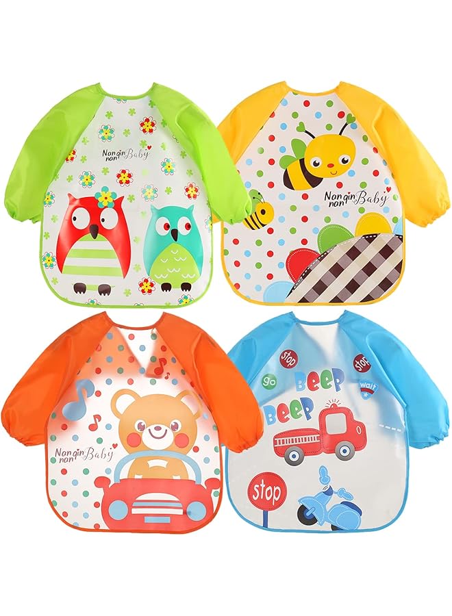 ECVV 4Pcs Waterproof Long Sleeve Baby Bibs Unisex Infants Feeding Bibs With Cute Cartoon Pattern Baby Smock Toddler Bibs For 6 36 Months Babies Eating Feeding Playing Painting - Image 1