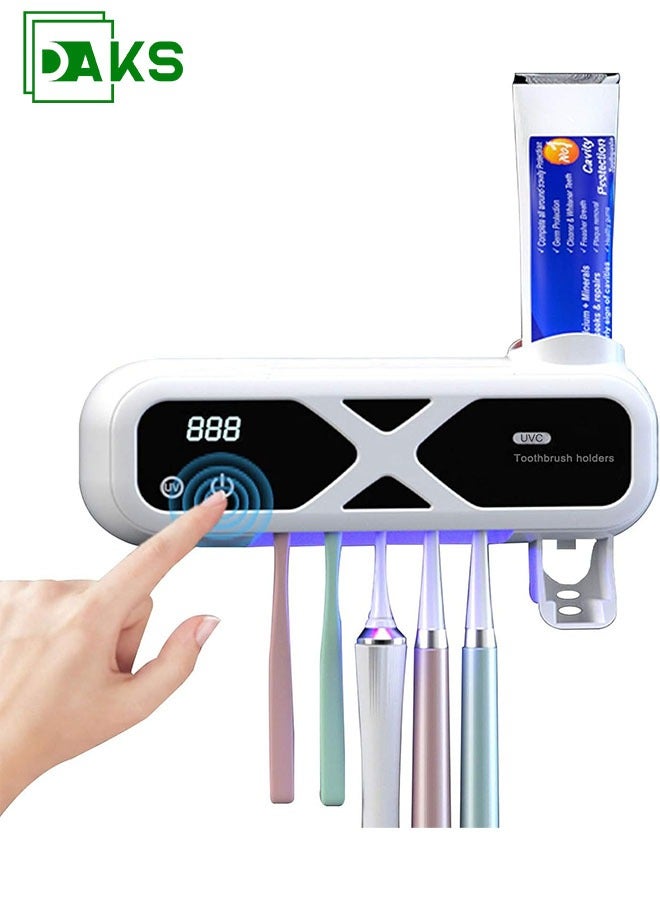 DAKS Wall-Mounted UV Toothbrush Holder with Automatic Toothpaste Dispenser – USB Rechargeable Sterilizer with Digital Timer, Holds 5 Brushes - Image 1