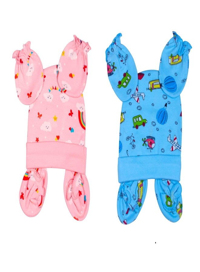 mittenbooty Baby Cap Set for New Born Baby Peach Rainbow & Blue Vehicle (Pack of 2) - Image 1