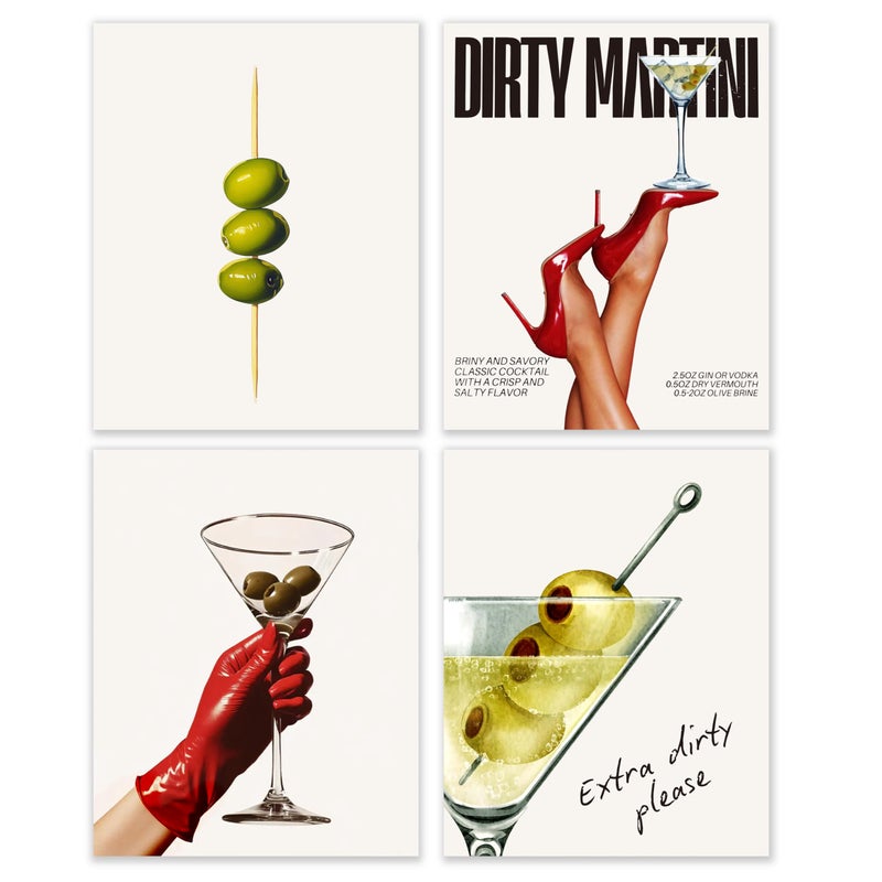 BESERH Dirty Martini Gifts Wall Decor, Trendy Cocktail Wall Art Prints, Funky Martini Cocktail Posters for Home Kitchen Par Pub Tavern Drunkery, 8x10 Inches Set of 4 Unframed - Image 1