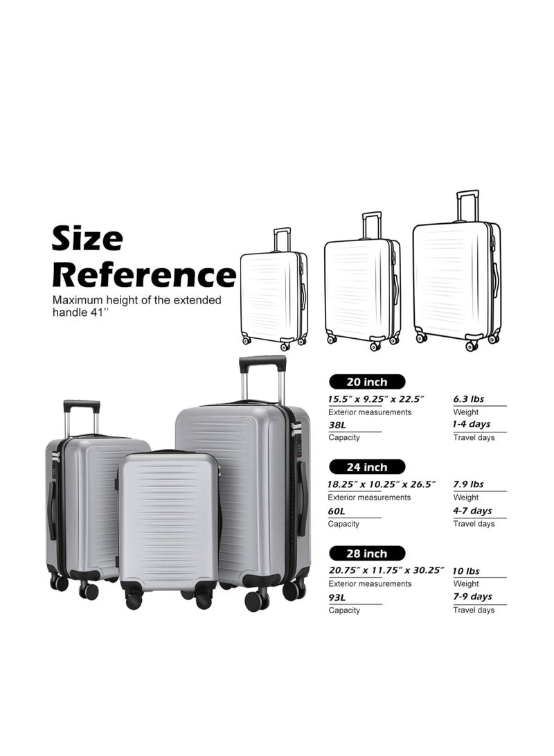 Wemart 3-Piece Luggage Sets (20", 24", 28"), Premium Expandable Carry-on Luggage, ABS+PC Hard Shell Travel Luggage Suitcase with Spinner Wheels, Carry on Luggage Set Silver