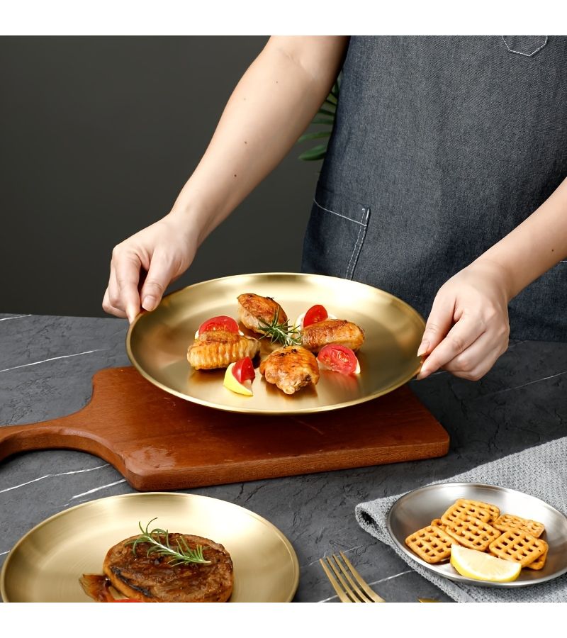 Set Of 5 Stainless Steel Salad And Dessert Plates 10.24 Inch Large Gold Brushed Finish Durable Breakage Resistant Ideal For Catering Service Trays - Image 4