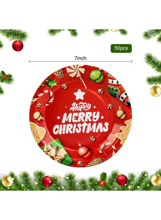 KFJBPB 50 Pack Christmas Paper Plates 7 inch, Merry Christmas Red Disposable Paper Plates Christmas Dessert Plates Salad Plates for Christmas Party Supplies (Red) - Image 2