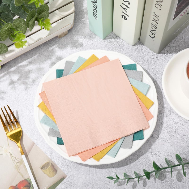 Whaline 120Pcs Warm Boho Cocktail Napkins 6 Pastel Boho Spring Color Disposable Napkins Multi-color Paper Beverage Napkins for Spring Easter Wedding Birthday Party Supplies - Image 3
