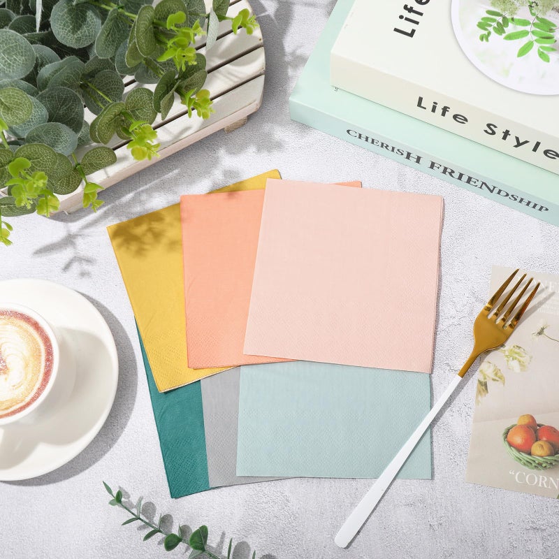 Whaline 120Pcs Warm Boho Cocktail Napkins 6 Pastel Boho Spring Color Disposable Napkins Multi-color Paper Beverage Napkins for Spring Easter Wedding Birthday Party Supplies - Image 4