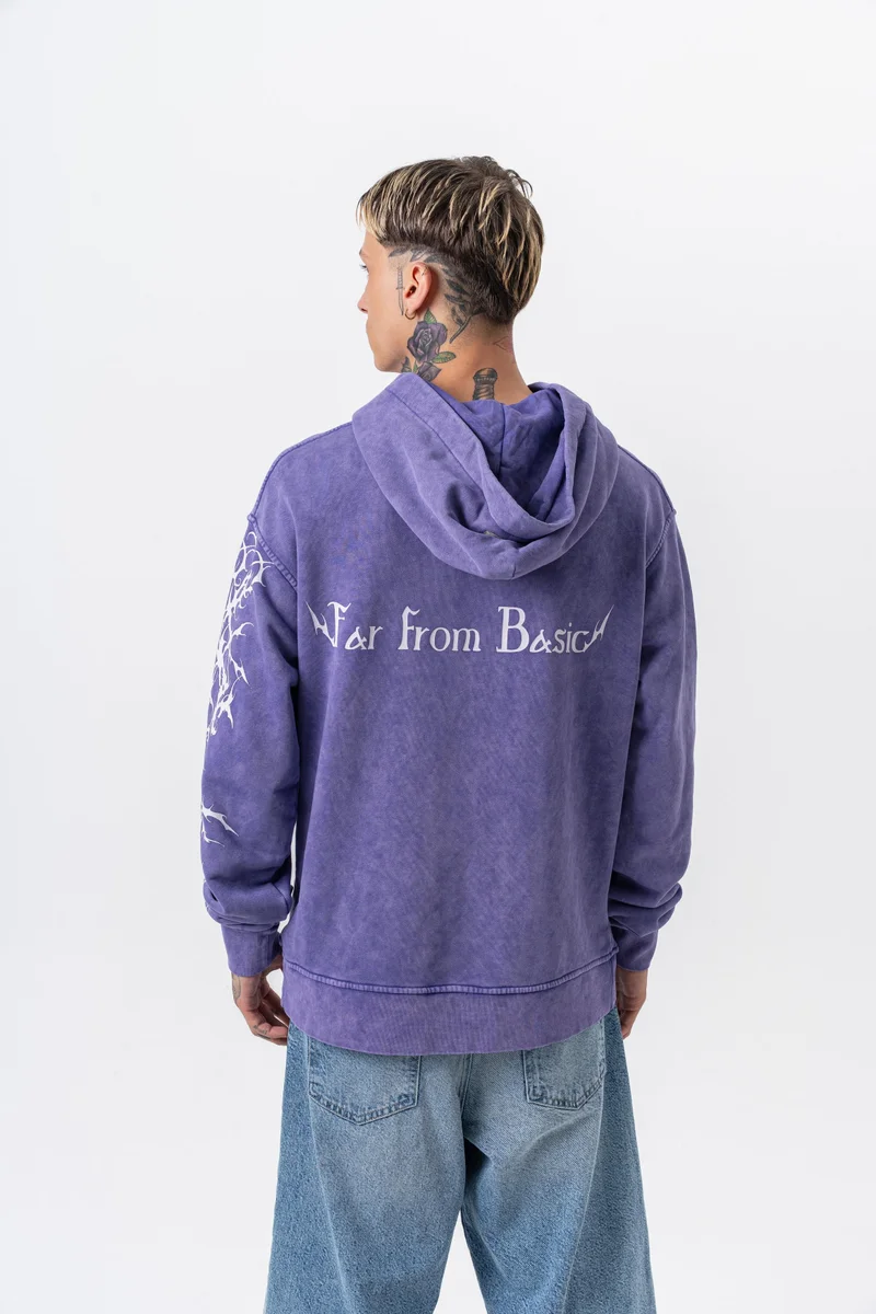 RESPIRE Men's Far From Basic Printed Washed Hooded Oversize Hoodie Purple