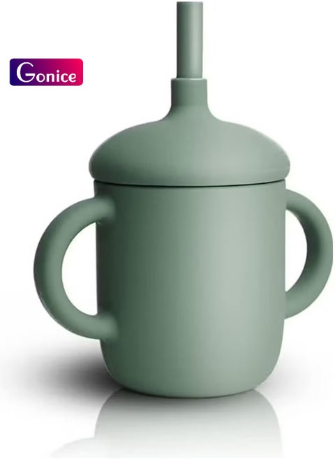 Baby and Toddler Trainer Cup, 150 mL Silicone Sippy with Handles Lid and Straw, Spill Proof and Non-Slip (green)