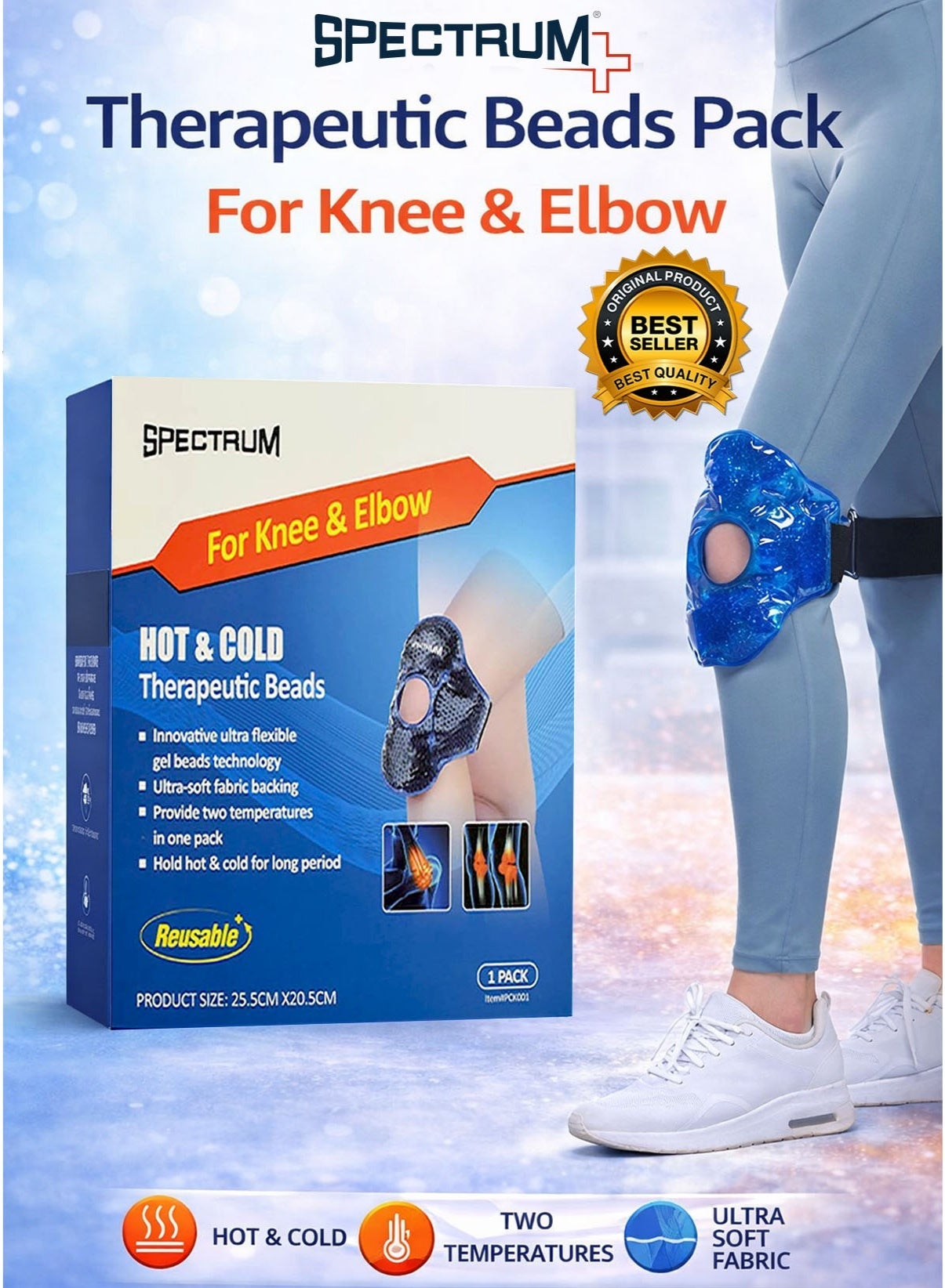 Spectrum Hot and Cold Knee & Elbow Wrap 25.5 x 20.5 cm Reusable Therapeutic Gel Bead Pack with Adjustable Compression Straps Microwave & Freezer Safe Ice Pack and Heating Pad for Joint Pain Arthritis Swelling Sprains Tendonitis Sports Injury Muscle Spasm Post Workout Recovery Support Brace