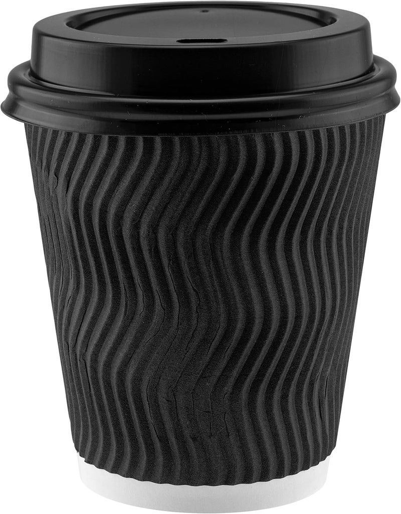NYHI Set of 100 Black Disposable Paper Cups with Black Lids and Straws 12 oz Ripple Insulated Kraft for Hot Drinks Tea Coffee Triple Layer Design Eco Friendly Recyclable Durable Paper - Image 4
