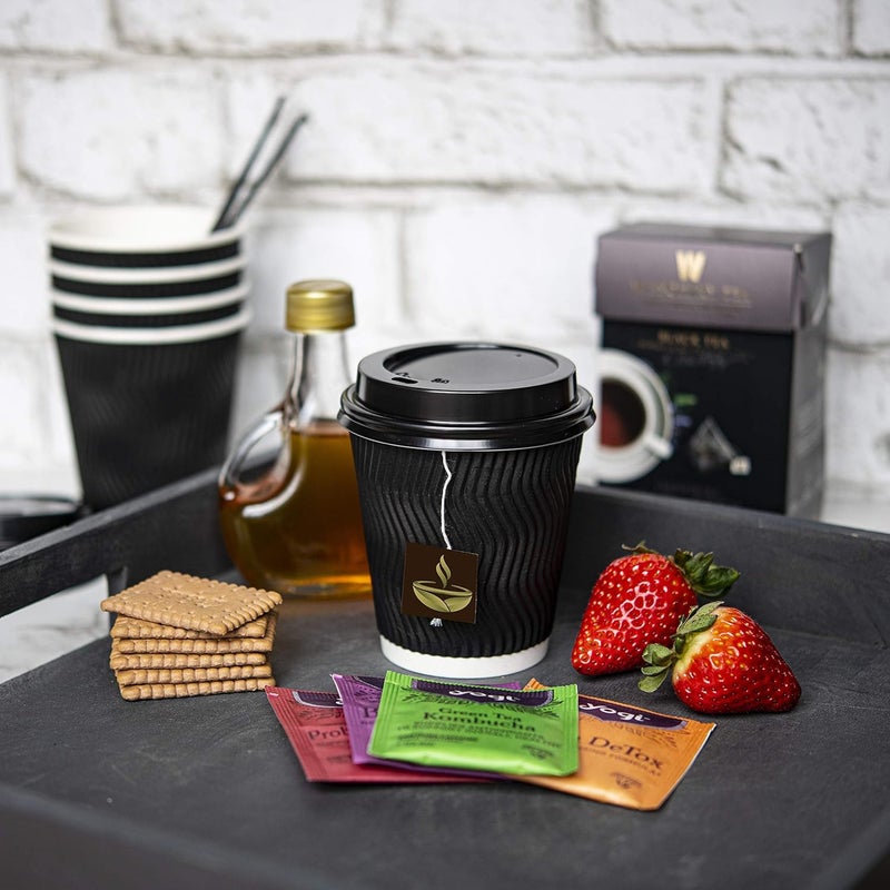 NYHI Set of 100 Black Disposable Paper Cups with Black Lids and Straws 12 oz Ripple Insulated Kraft for Hot Drinks Tea Coffee Triple Layer Design Eco Friendly Recyclable Durable Paper - Image 2