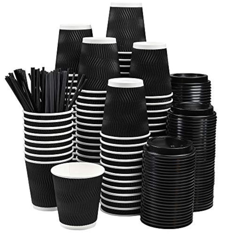 NYHI Set of 100 Black Disposable Paper Cups with Black Lids and Straws 12 oz Ripple Insulated Kraft for Hot Drinks Tea Coffee Triple Layer Design Eco Friendly Recyclable Durable Paper - Image 1