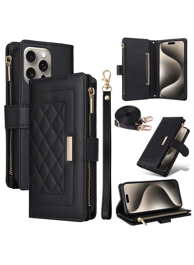 اس-توب جراب هاتف iPhone 15 Pro Max Crossbody بسحاب ومحفظة من الجلد على شكل معين - Image 1